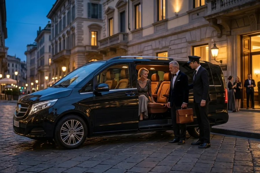 Mercedes Classe V in serata davanti all'hotel: l'autista accoglie gli ospiti
