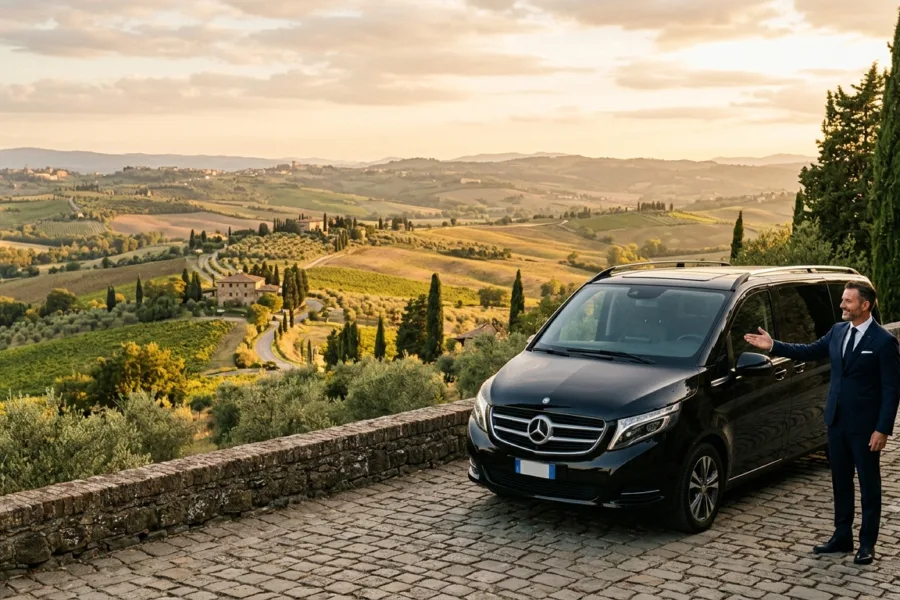 Mercedes Classe V con l'autista tra le colline del vino al tramonto